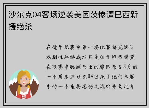 沙尔克04客场逆袭美因茨惨遭巴西新援绝杀
