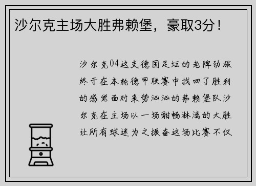 沙尔克主场大胜弗赖堡，豪取3分！
