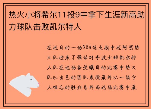 热火小将希尔11投9中拿下生涯新高助力球队击败凯尔特人